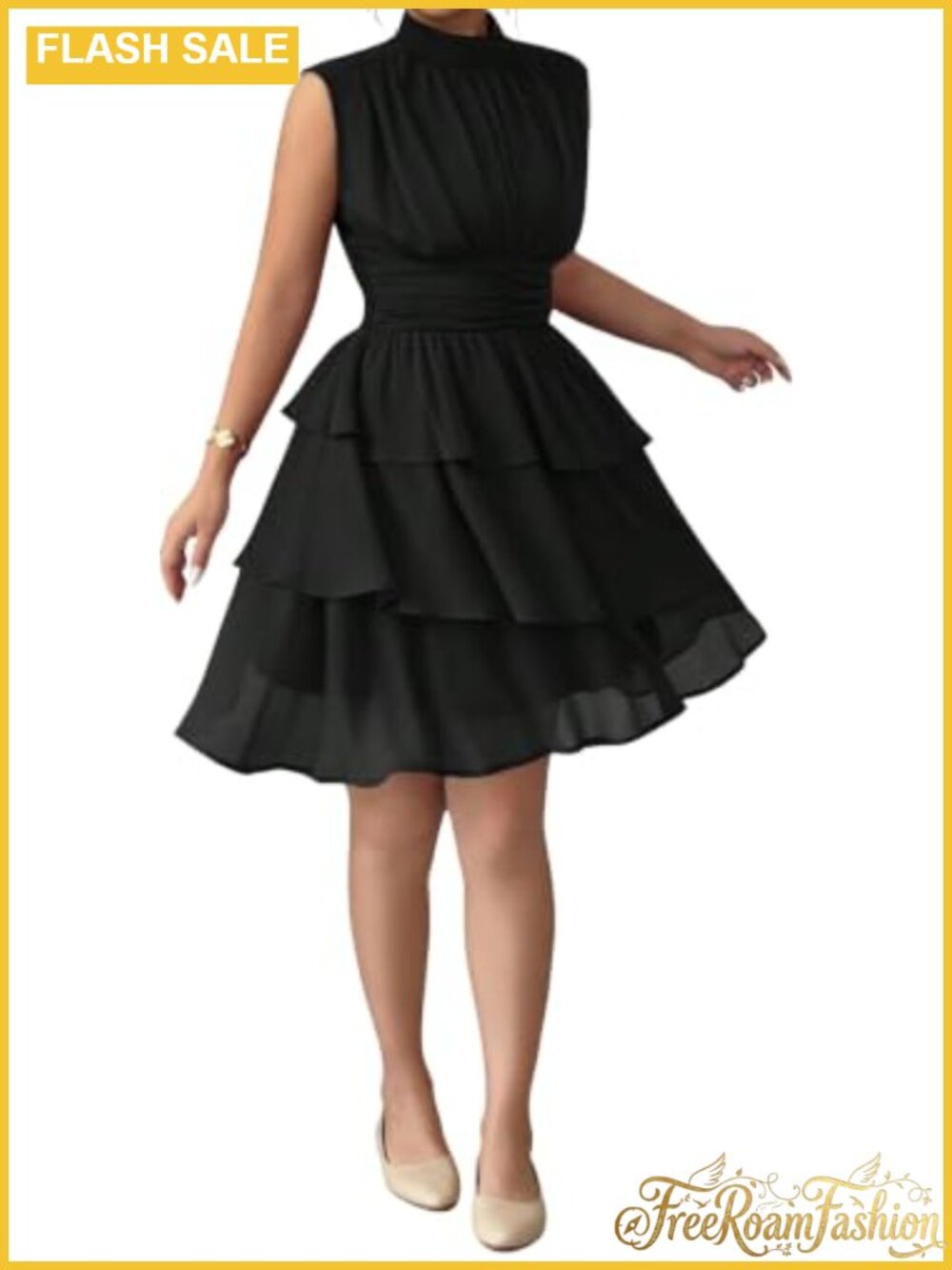 Chiffon Ruffle Short Dress Mock Neck Ruched Business Casual